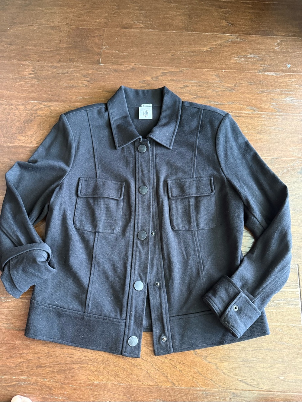 Cabi Ava ponte knit jacket with snap closures and chest pockets Black Sz M